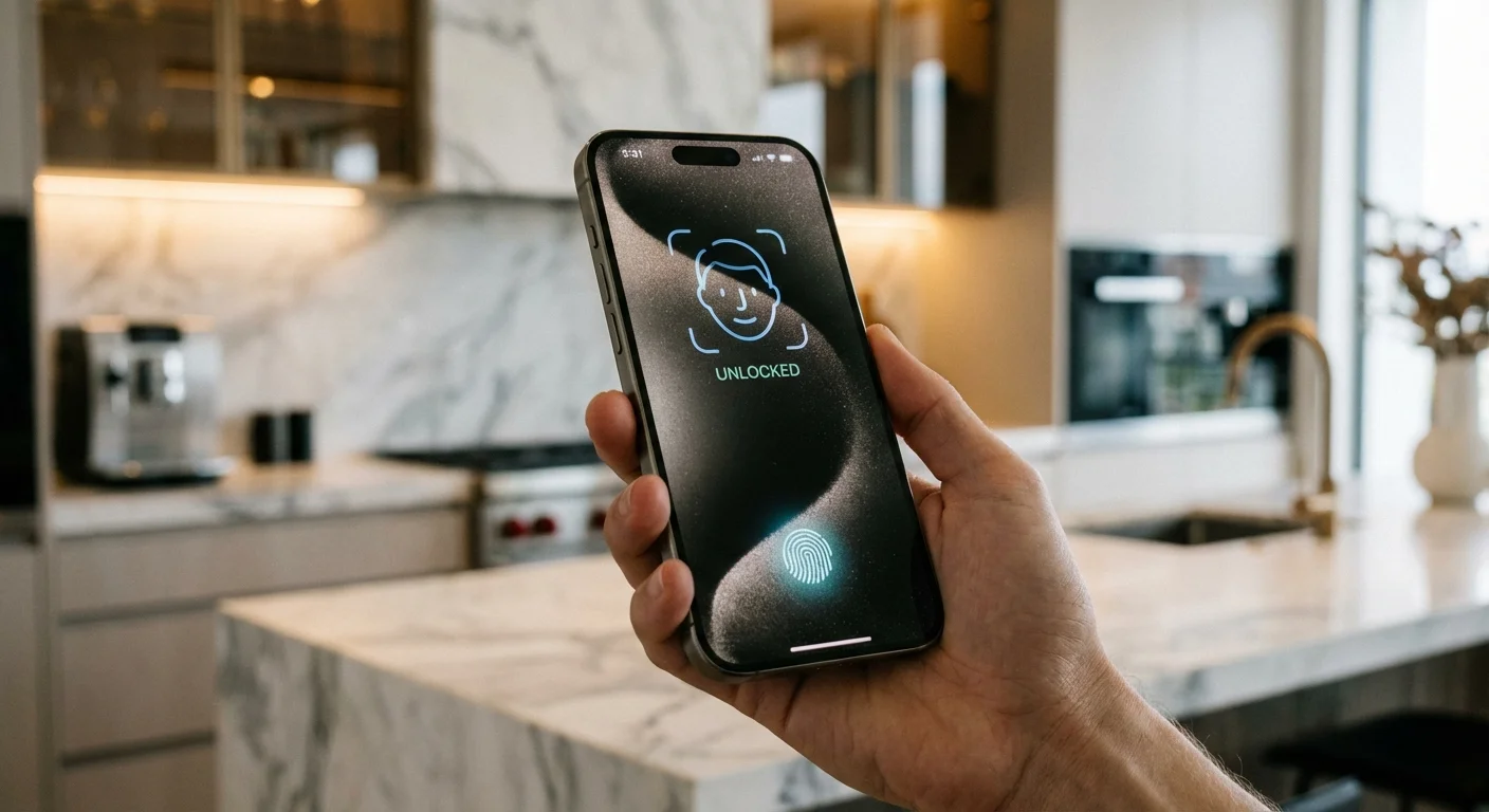 A person using biometric security on their smartphone in a home setting.