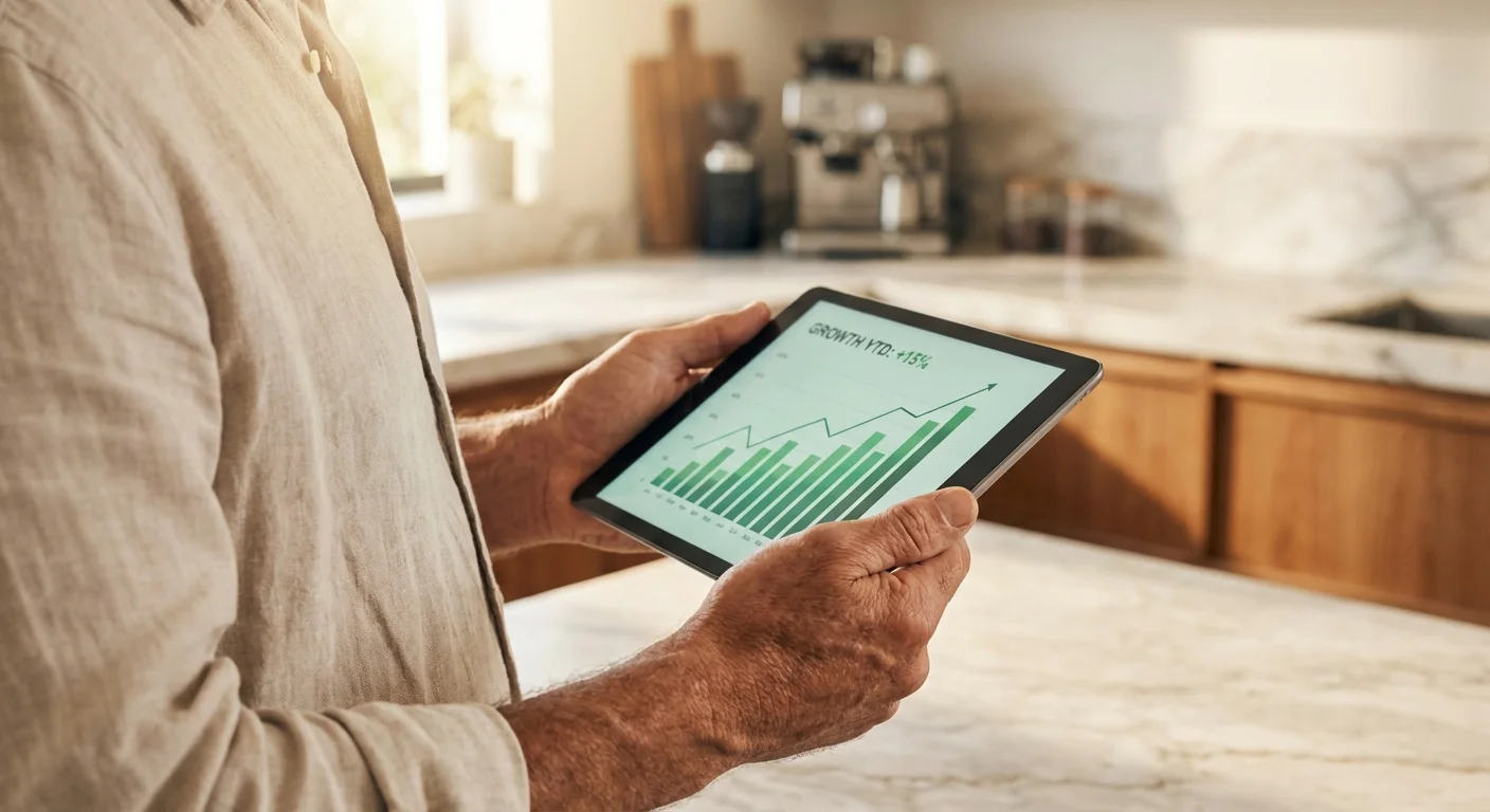 A person viewing a rising financial chart on a digital tablet in a bright kitchen.