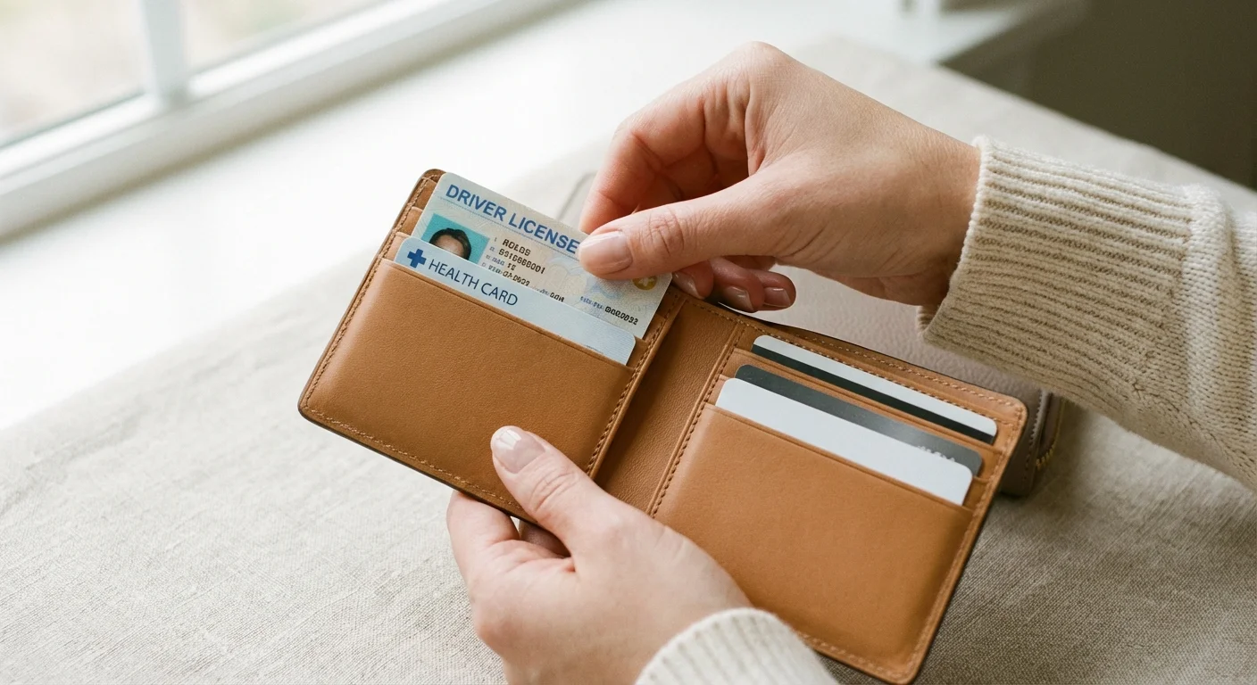 A person's hands organizing cards in a leather wallet.