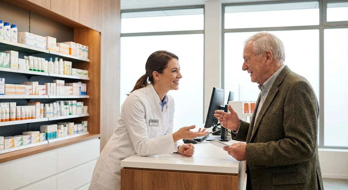 A pharmacist consulting with a senior man in a bright, modern pharmacy.