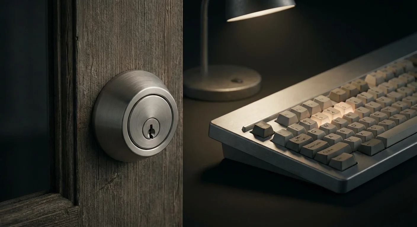 A physical door lock sitting next to a computer keyboard, symbolizing the need for strength.