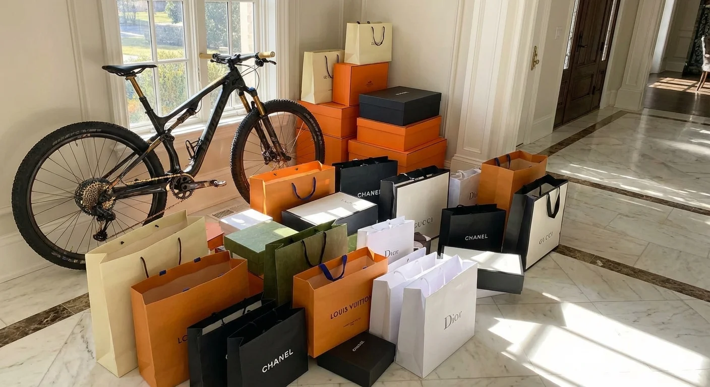 A pile of luxury shopping bags and high-end gear in a grand home foyer.