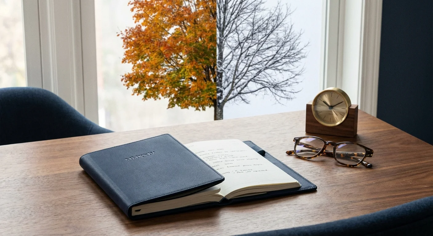 A professional desk setup with a planner and glasses in soft light.