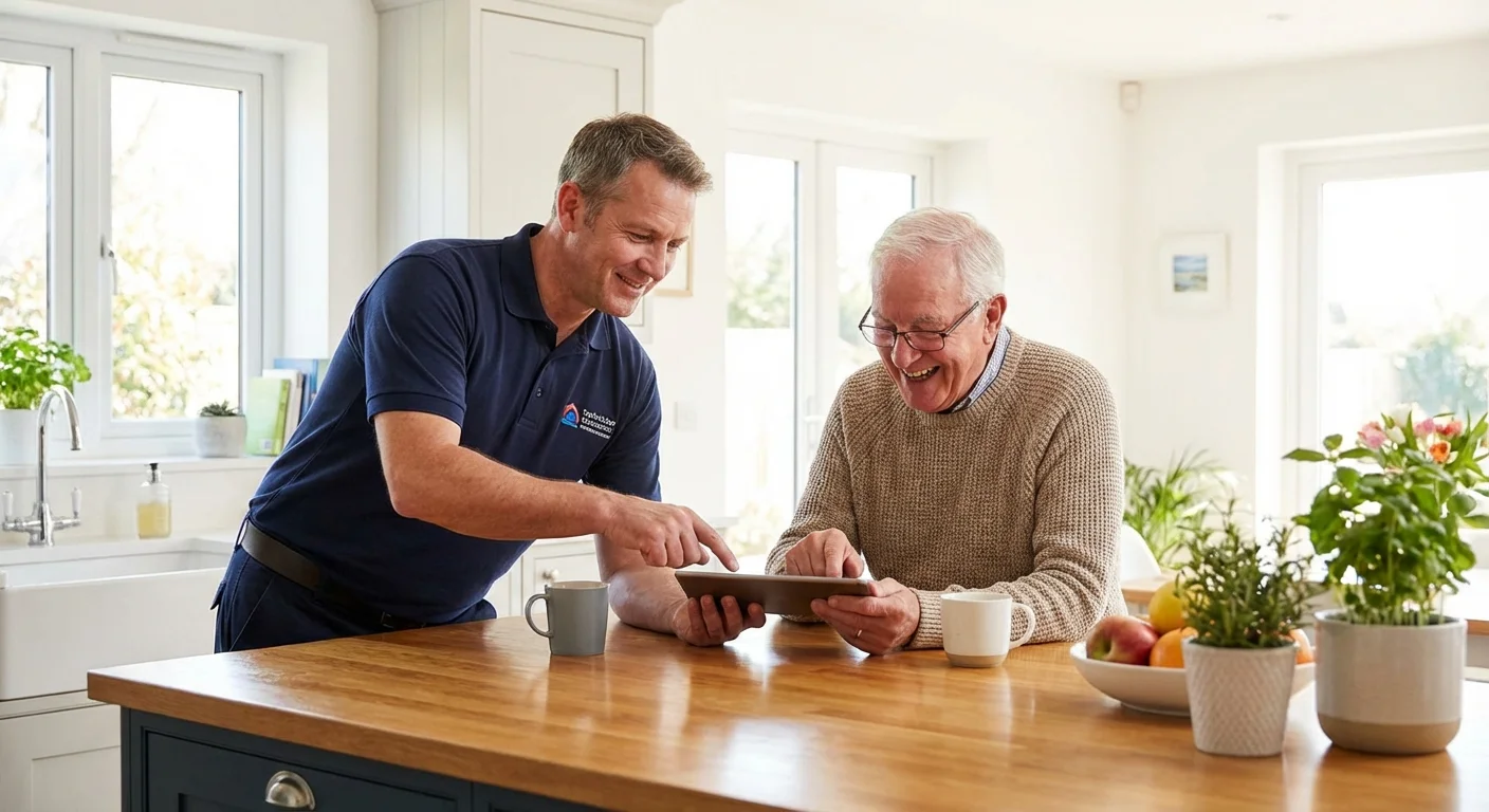 A professional technician explaining a smart home system to a senior man.
