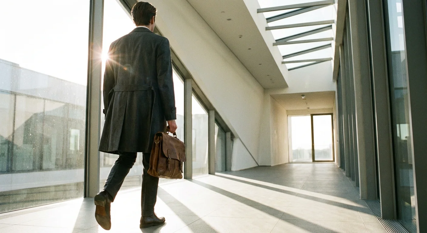 A professional walking through a bright hallway, symbolizing career transitions.