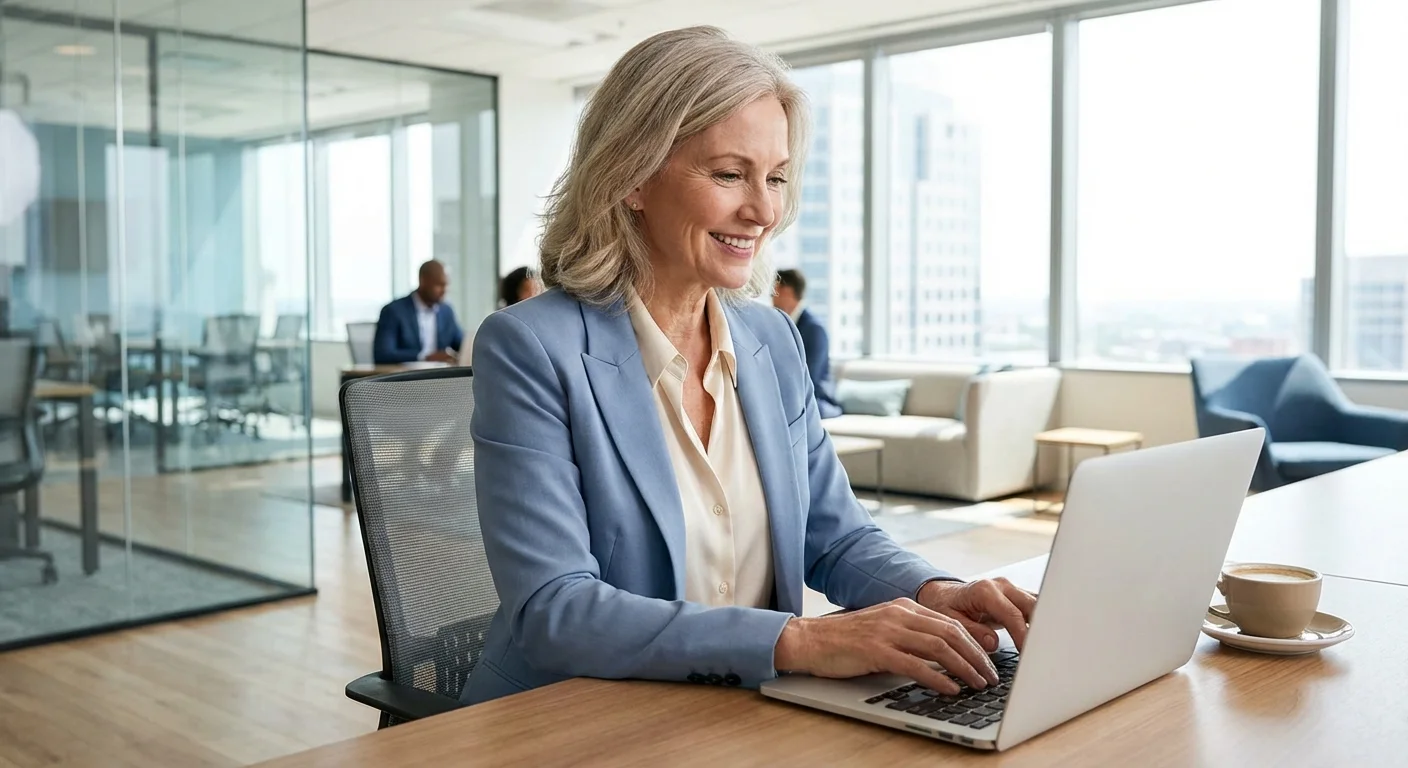 A professional woman working on a laptop in a modern, bright office.