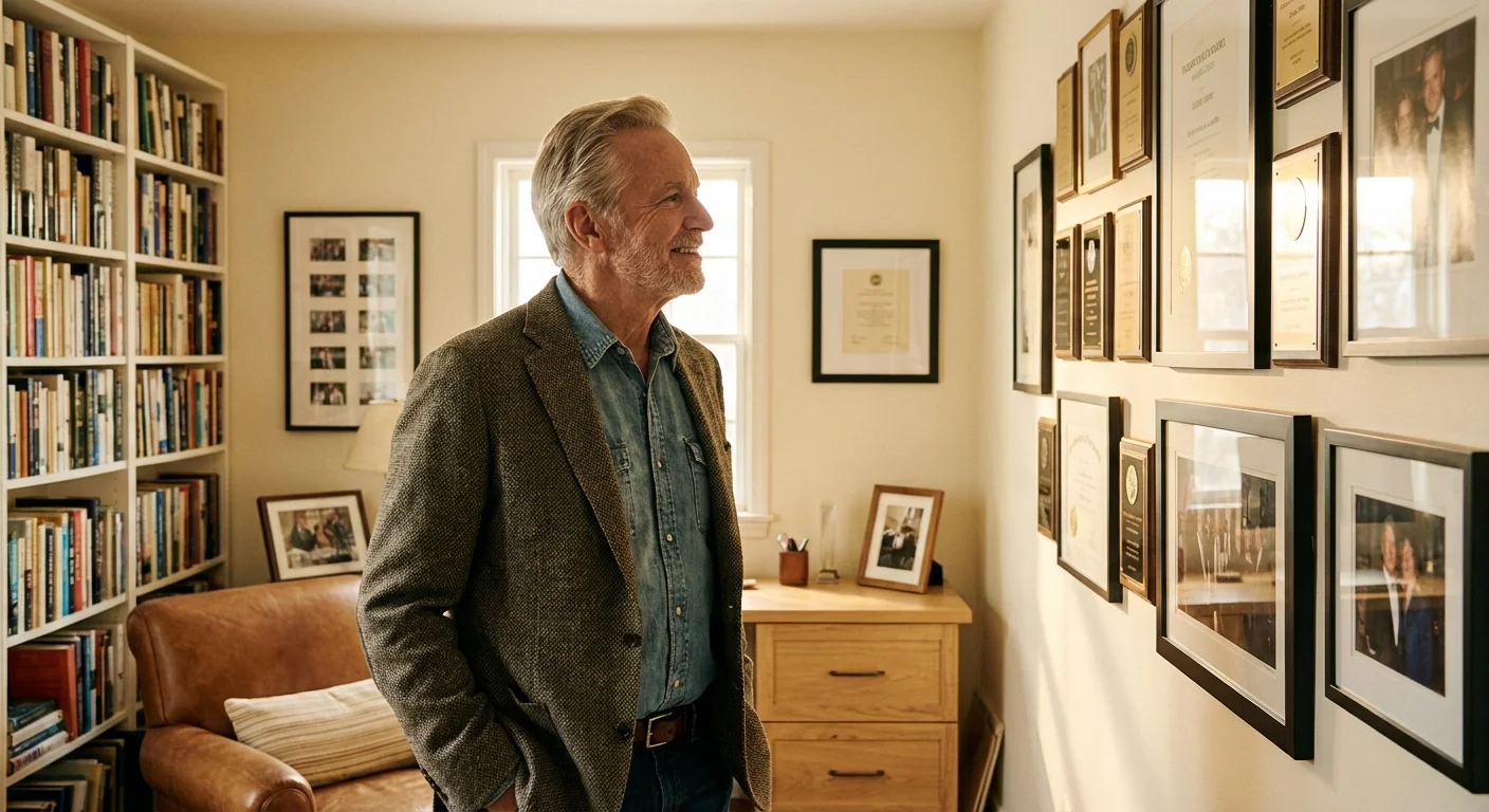 A proud senior man reflecting on his career in a home office.