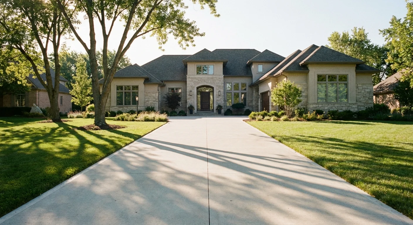 A quiet, sunlit driveway at a beautiful home, symbolizing the end of daily work-related expenses.