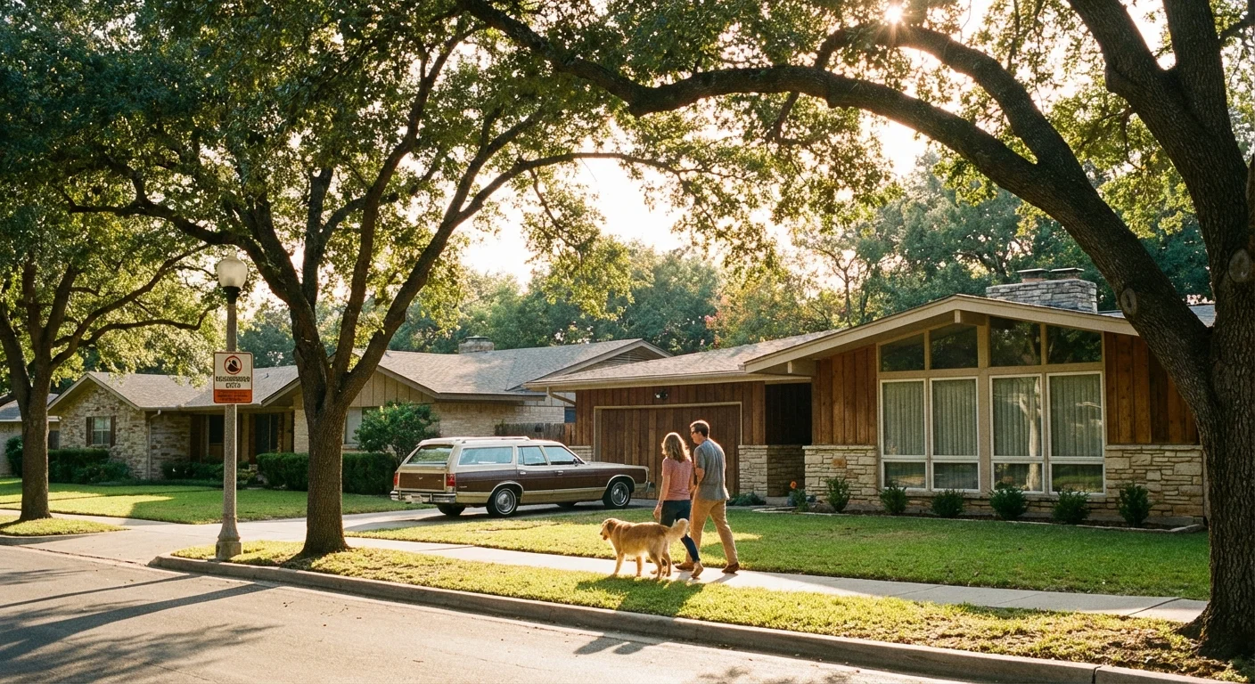 A quiet, tree-lined residential street with charming houses.