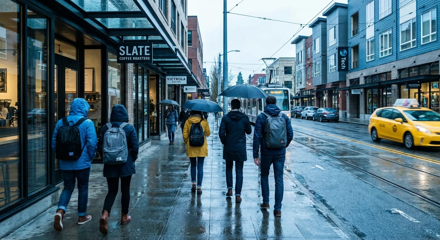 A rainy and expensive street scene in Seattle.
