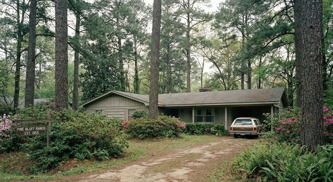 A ranch-style house surrounded by greenery and pine trees in Pine Bluff, Arkansas.