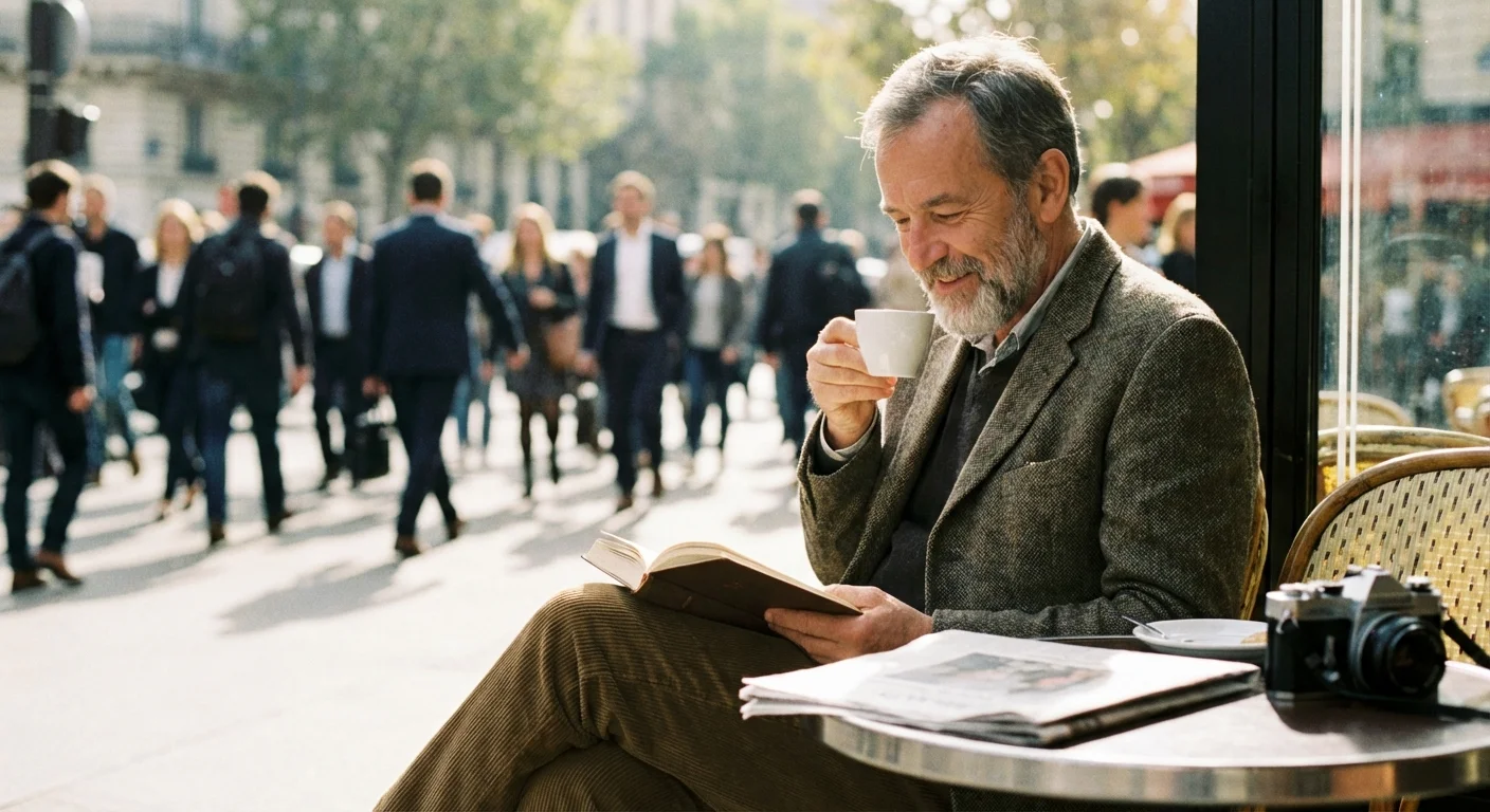 A relaxed man reading at a cafe while the busy world rushes by in the background.