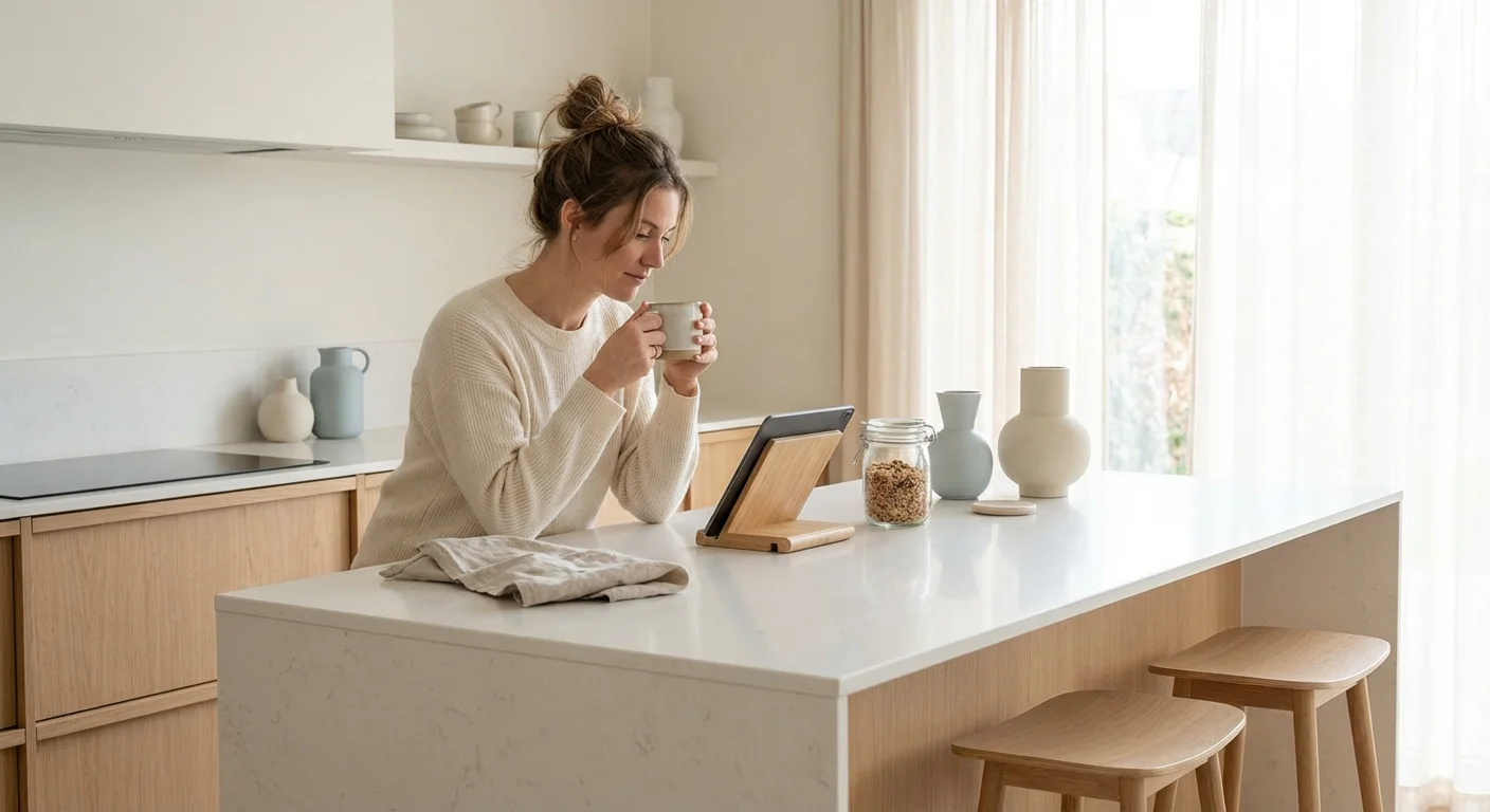 A relaxed woman reviewing her finances on a tablet in a bright, modern kitchen.