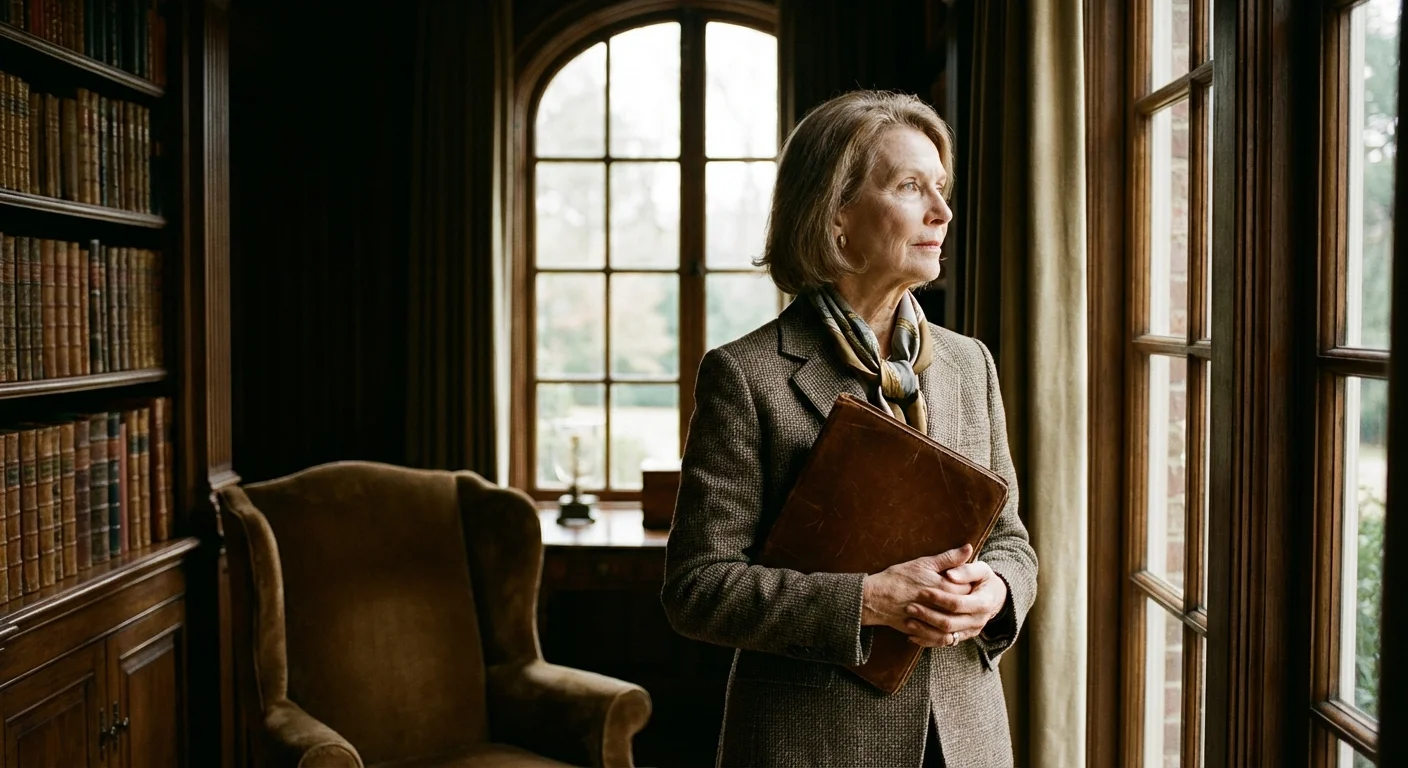 A resident reviewing documents in a sophisticated private library.