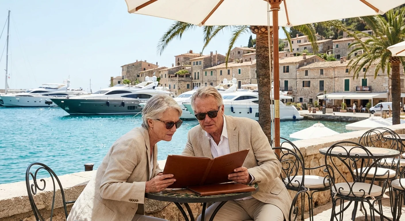 A retired couple at a luxury waterfront cafe, looking at a menu with yachts in the background.