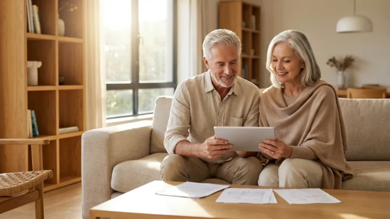 A retired couple calmly reviewing their finances on a tablet in a bright, modern living room.