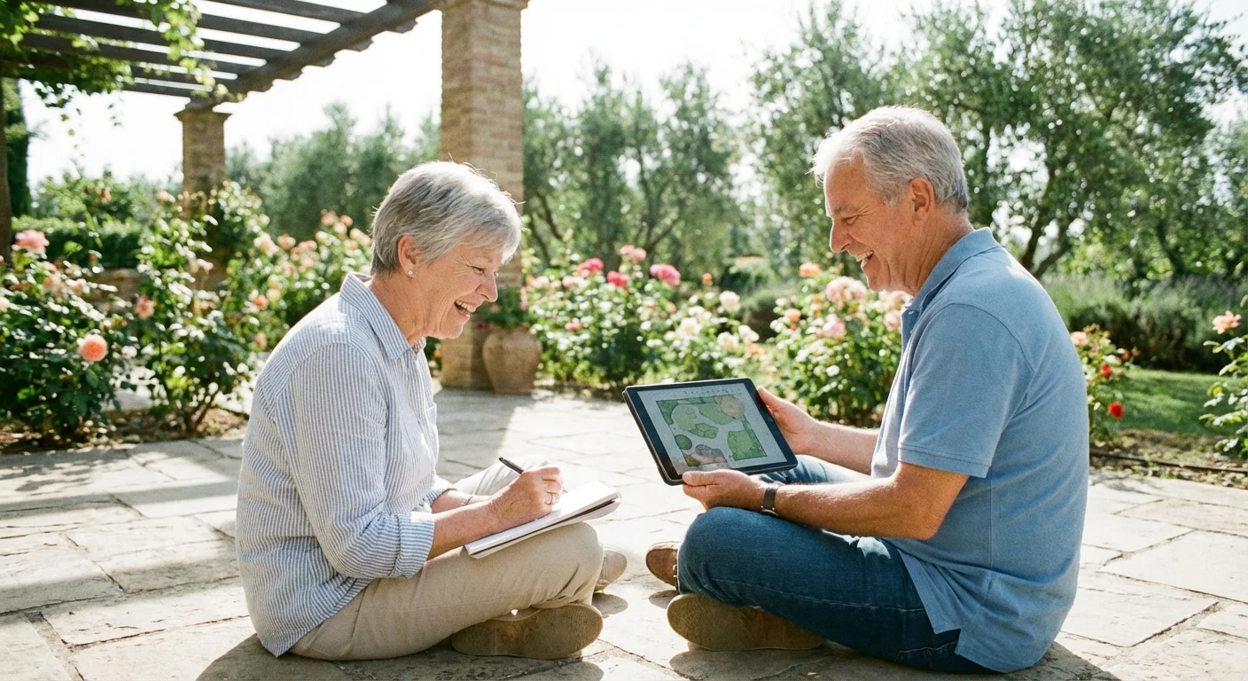 A retired couple comparing options on a tablet while sitting on their patio.