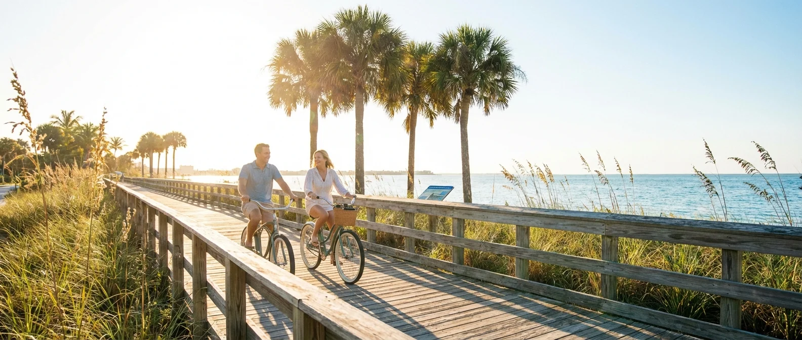 A retired couple cycling on a sunny boardwalk near the ocean.