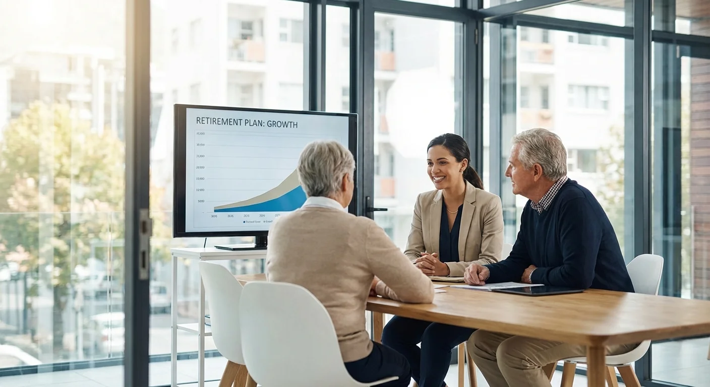 A retired couple discussing investment strategies with a professional advisor in a bright office.