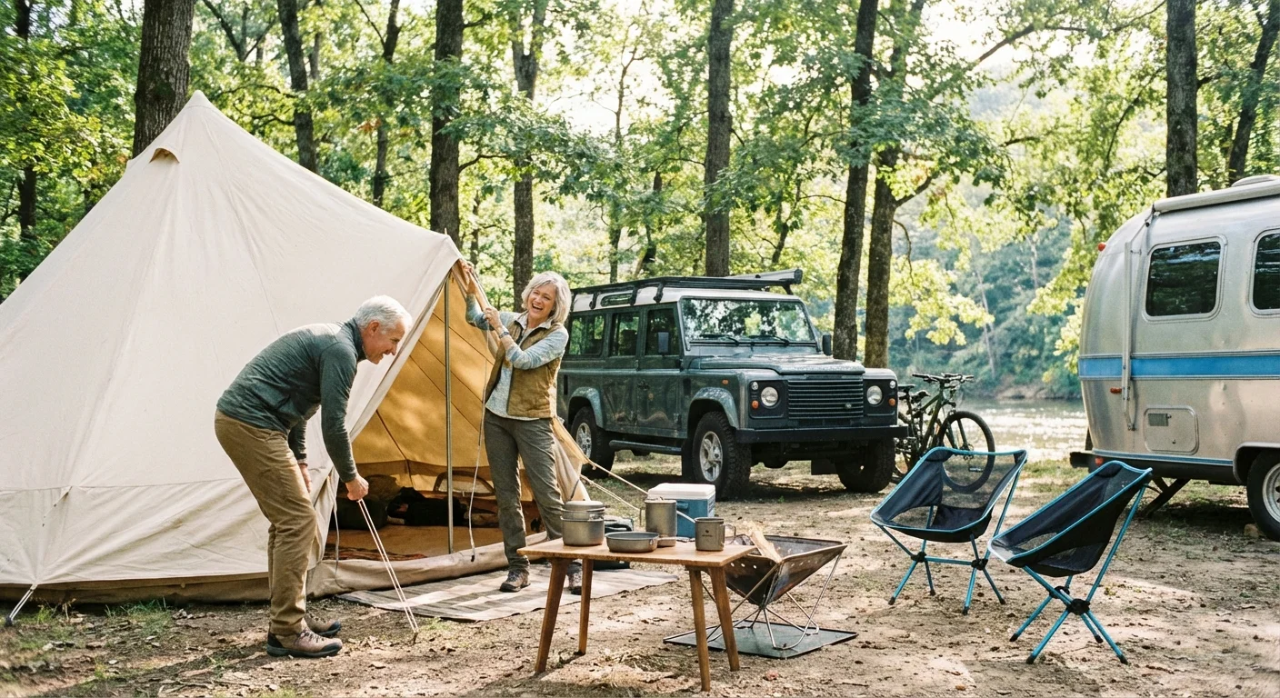 A retired couple enjoying a campsite in a green forest.