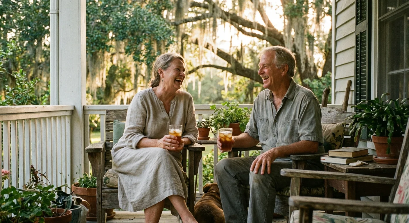 A retired couple enjoying a quiet afternoon on a porch in the South.