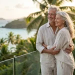 A retired couple enjoying a scenic ocean view from a balcony during sunset.