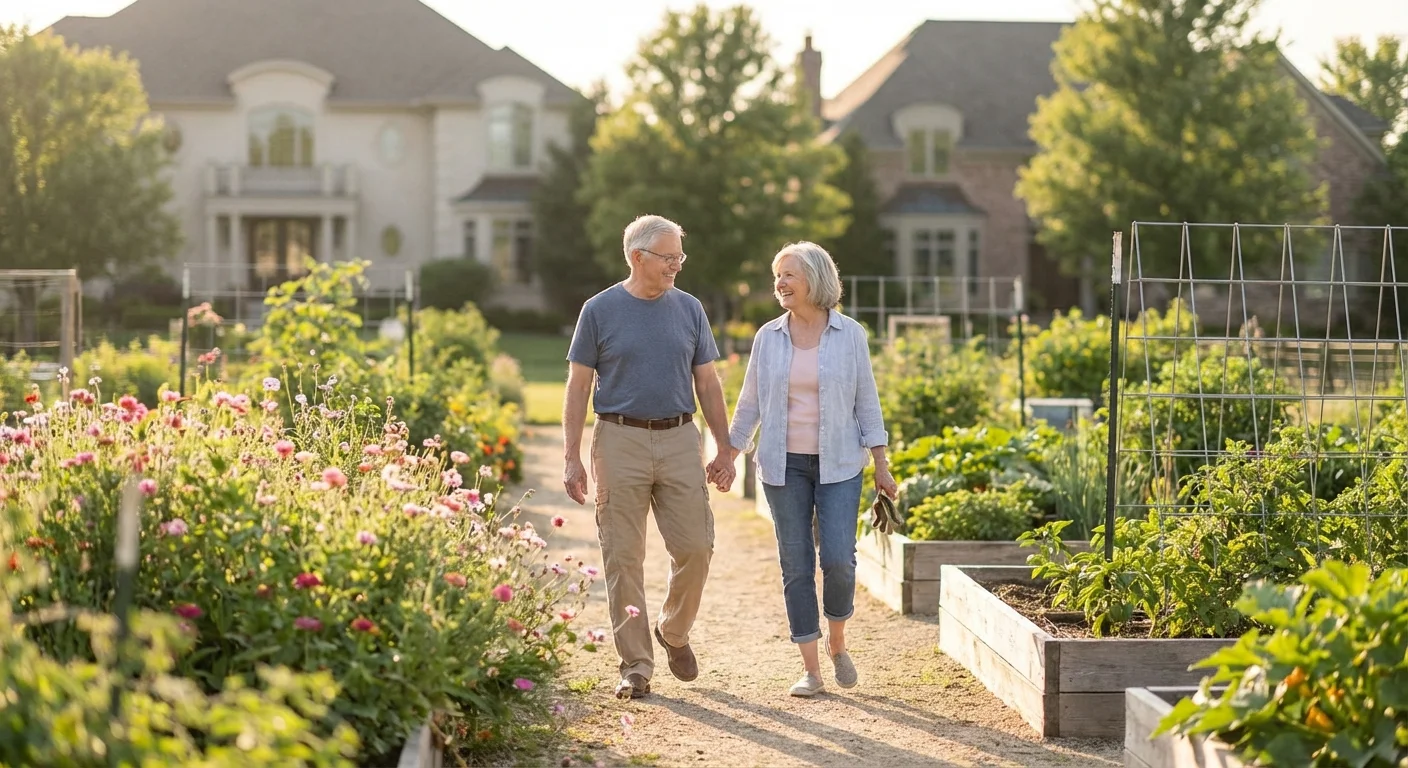 A retired couple enjoying a walk through a beautiful community garden.