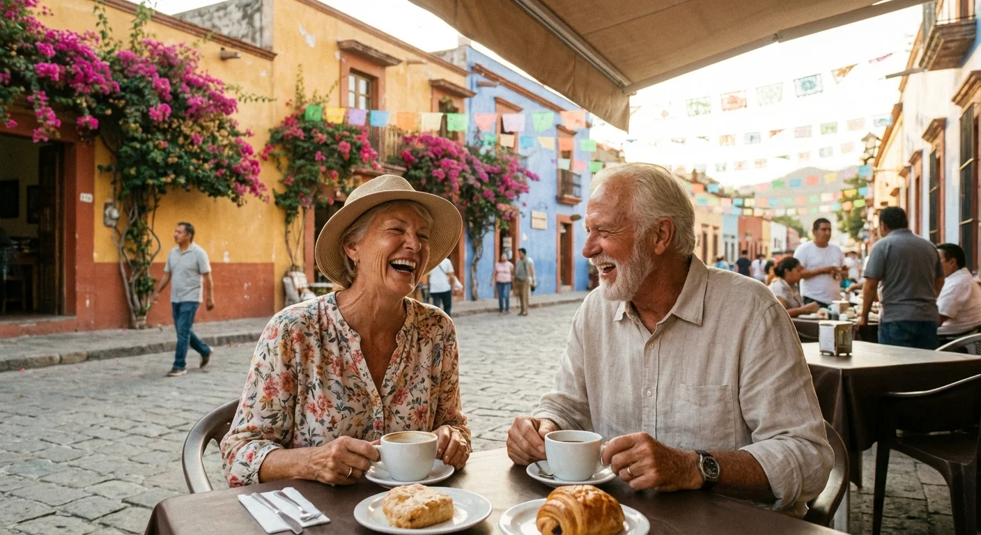 A retired couple enjoying coffee at an outdoor cafe in a beautiful foreign town.