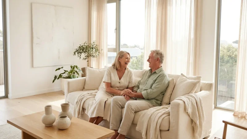 A retired couple enjoys a bright, minimalist living room, symbolizing the freedom of a simpler lifestyle.