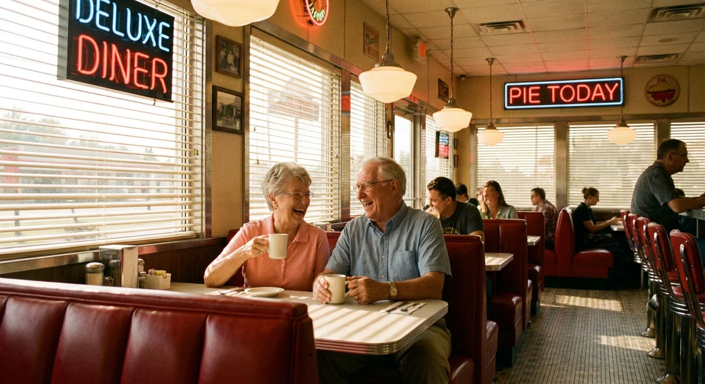 A retired couple laughing together in a cozy, vintage-style diner.