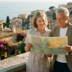 A retired couple looking at a map on a sunny balcony overlooking a beautiful coastal town.