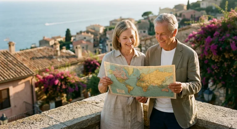 A retired couple looking at a map on a sunny balcony overlooking a beautiful coastal town.