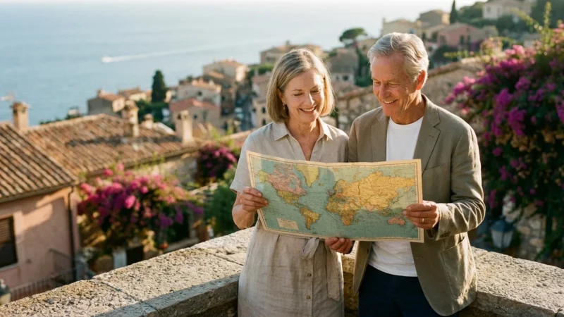 A retired couple looking at a map on a sunny balcony overlooking a beautiful coastal town.