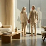 A retired couple looking out a window in their bright, downsized modern home.