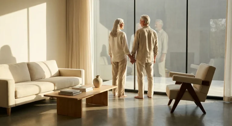 A retired couple looking out a window in their bright, downsized modern home.