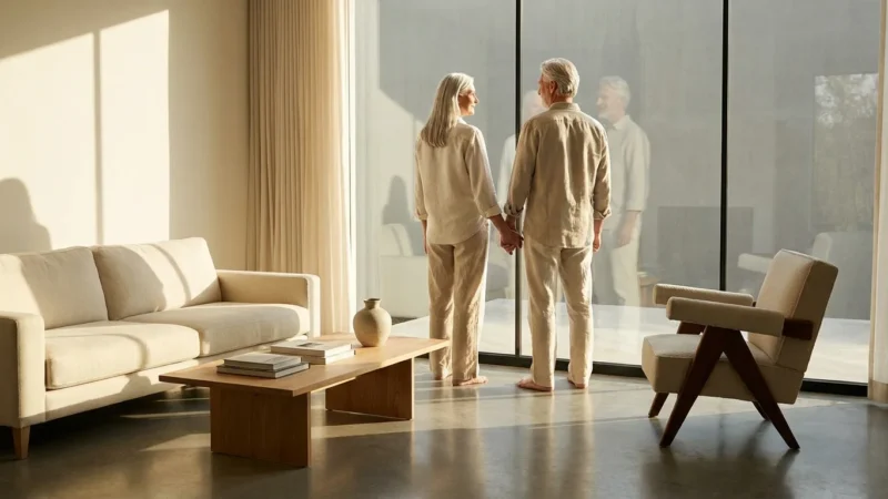 A retired couple looking out a window in their bright, downsized modern home.