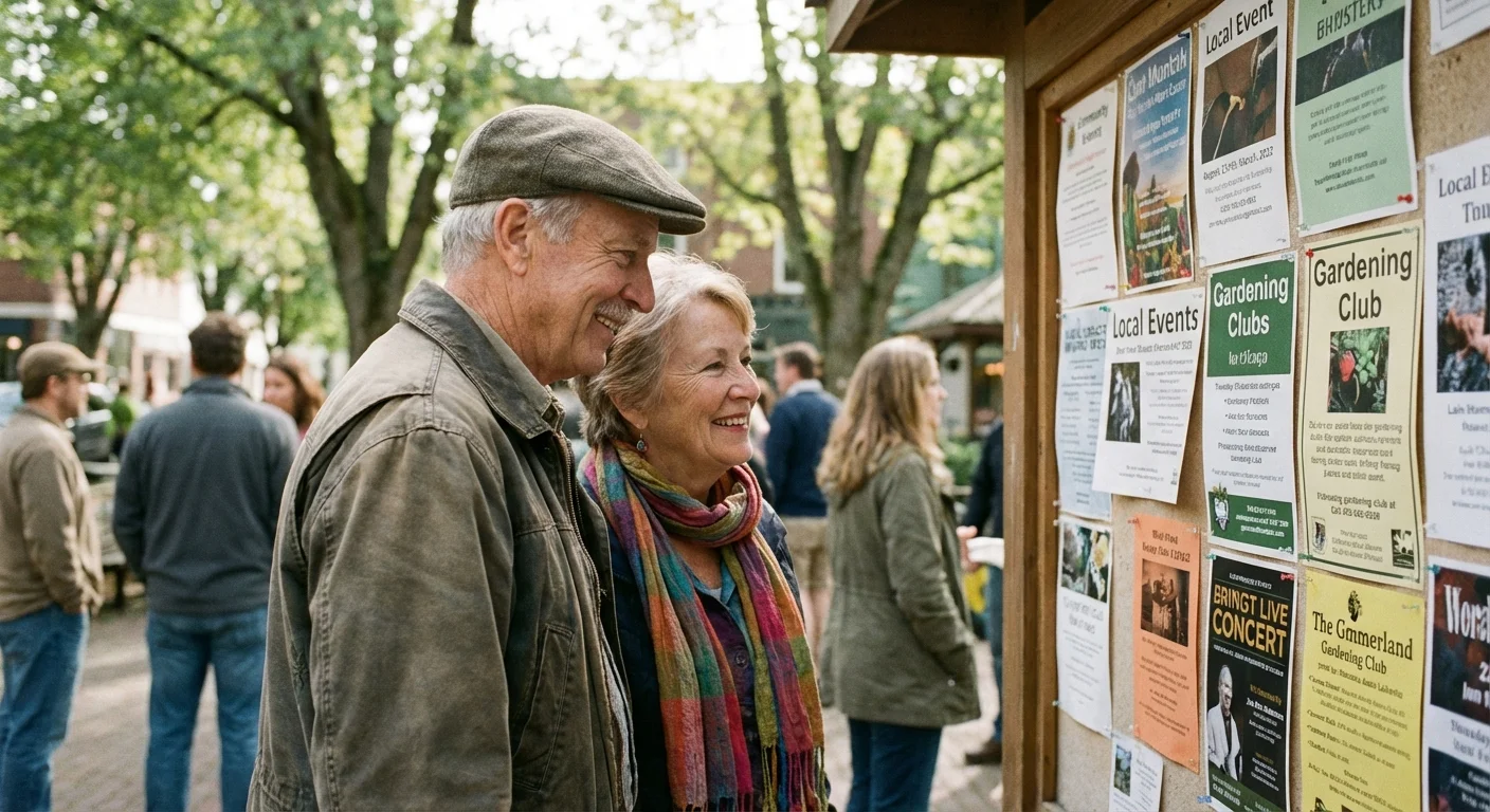 A retired couple looks at a community events board in a lush, green town park.