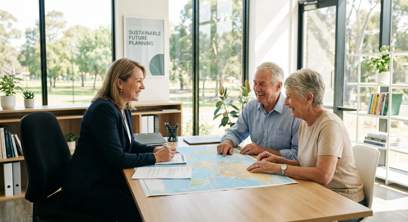 A retired couple meeting with a financial advisor in a bright office.