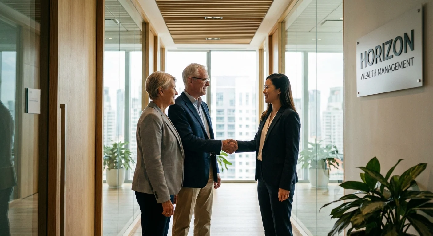 A retired couple meeting with a professional advisor in a bright office.
