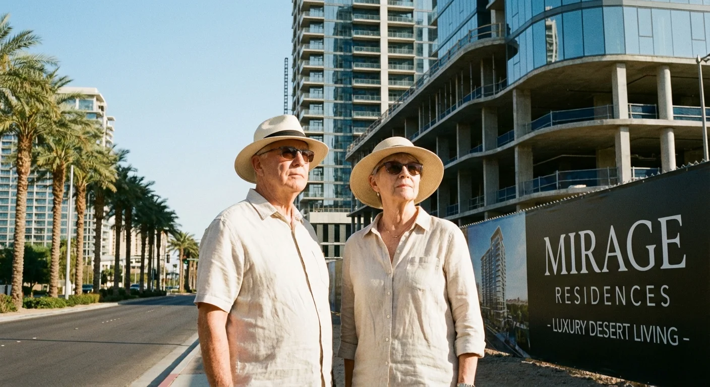 A retired couple observing new luxury construction in a fast-growing sunbelt city.