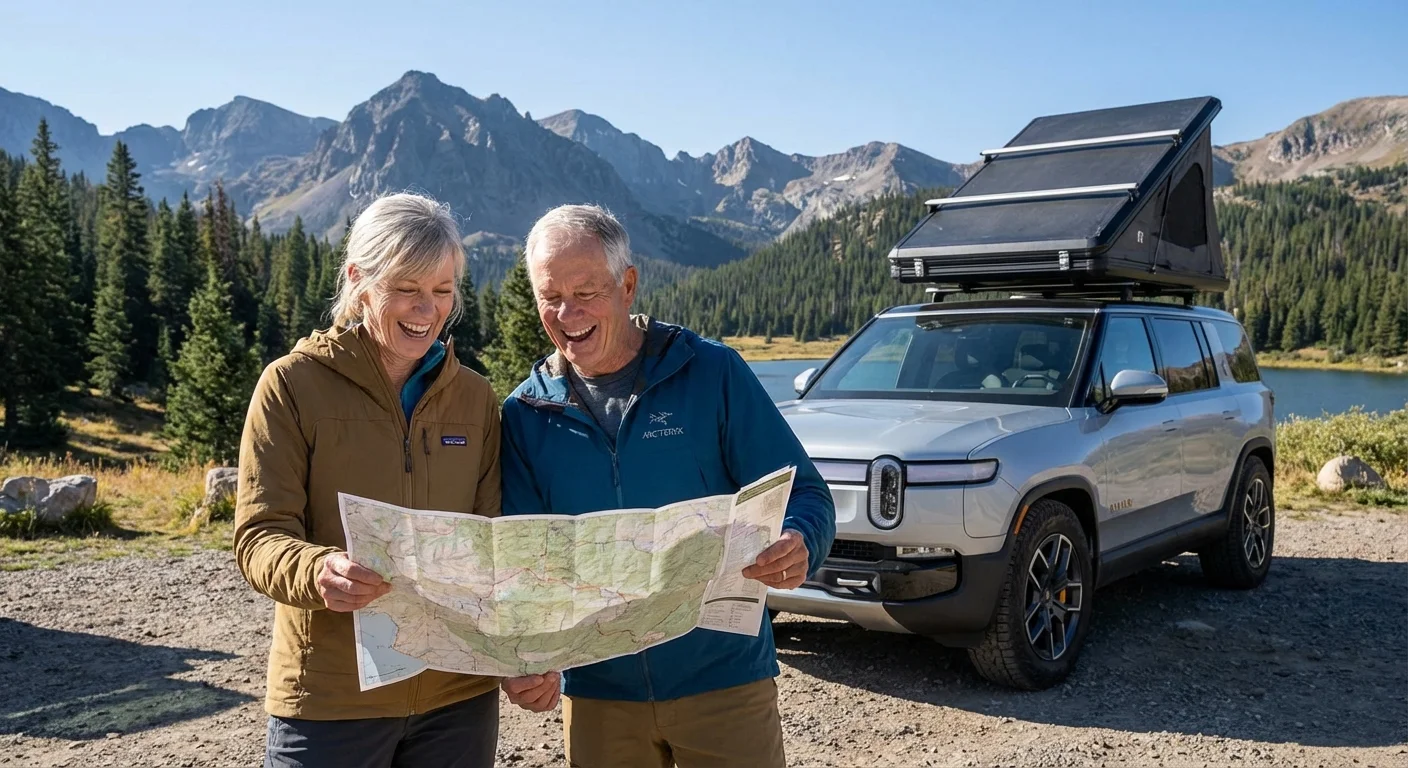 A retired couple planning a hike next to their car in a beautiful mountain setting.