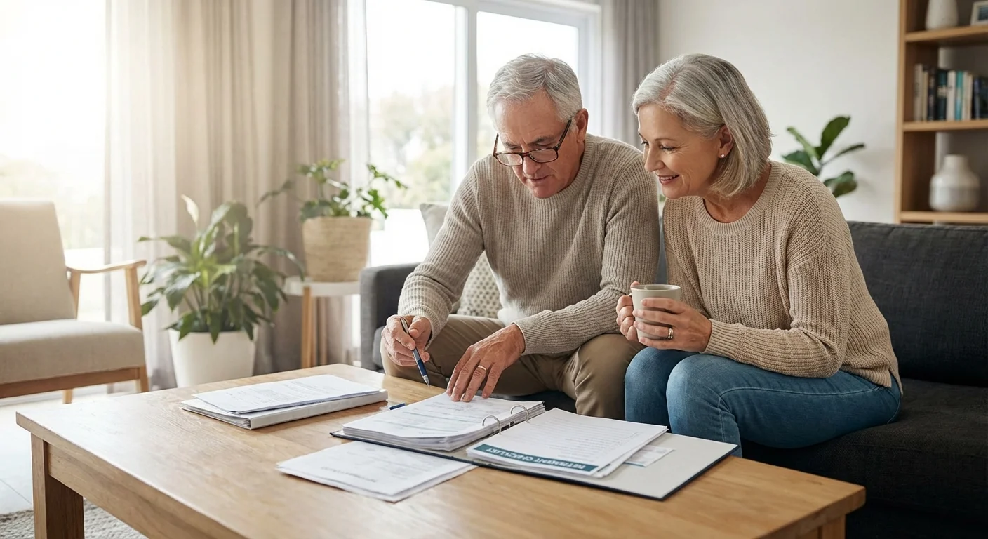 A retired couple reviewing financial documents and a checklist at home.