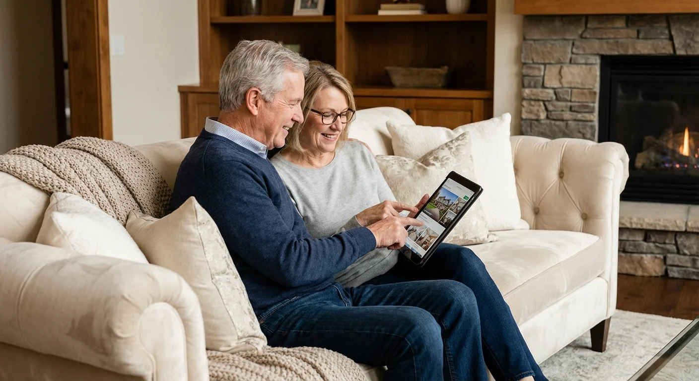 A retired couple reviewing financial options on a tablet at home.