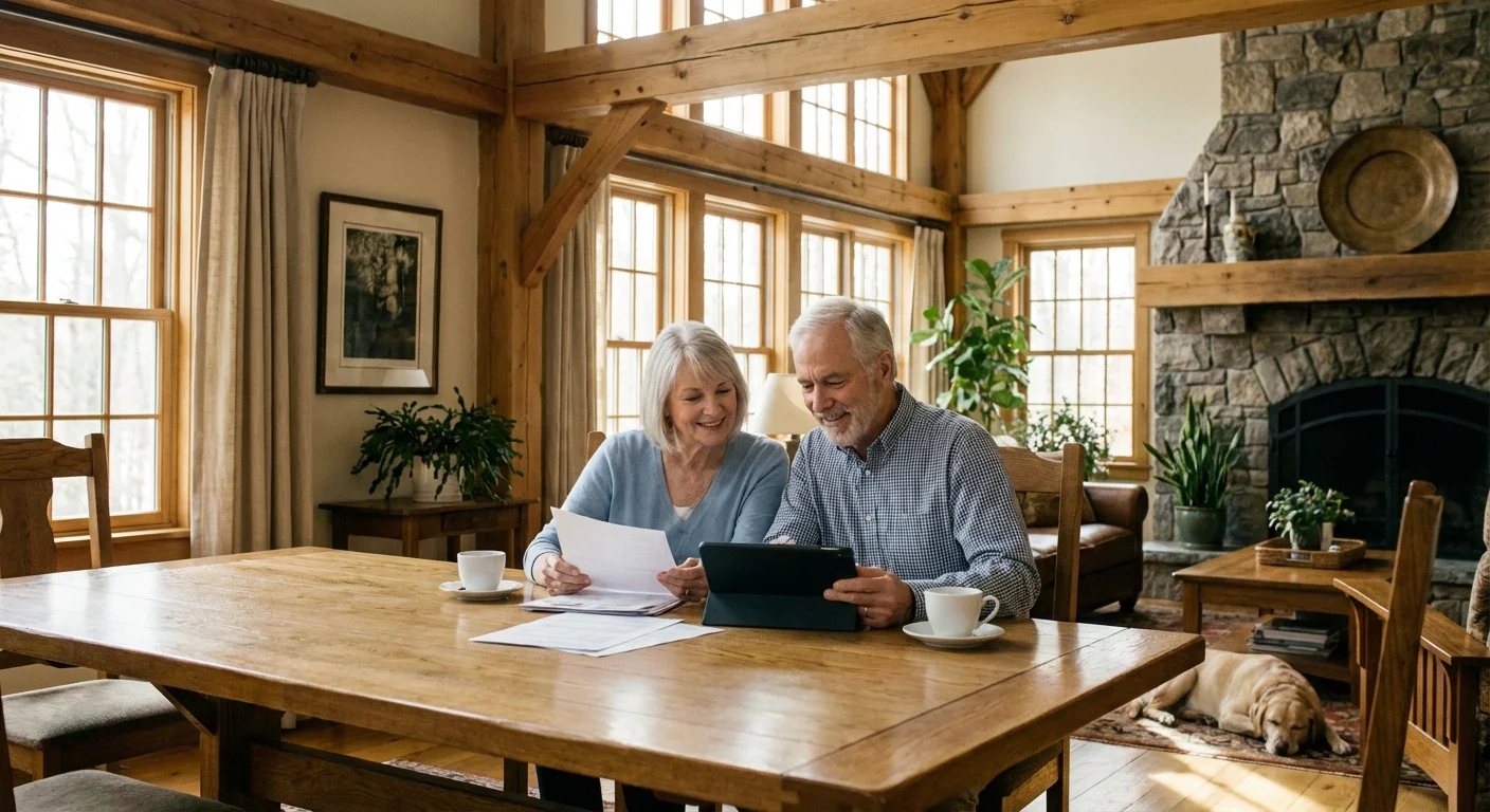 A retired couple reviewing financial plans in a sunlit, upscale kitchen.