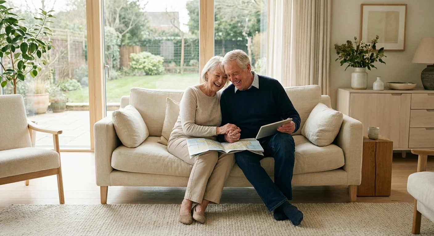 A retired couple reviews a map and digital tablet in a bright living room, planning their next move.