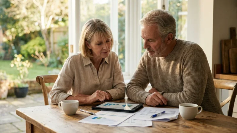 A retired couple reviews financial documents together in a bright, modern kitchen.