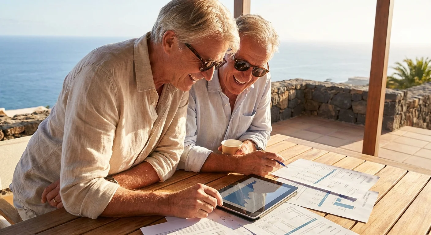 A retired couple reviews financial plans on a tablet at an outdoor seaside cafe.
