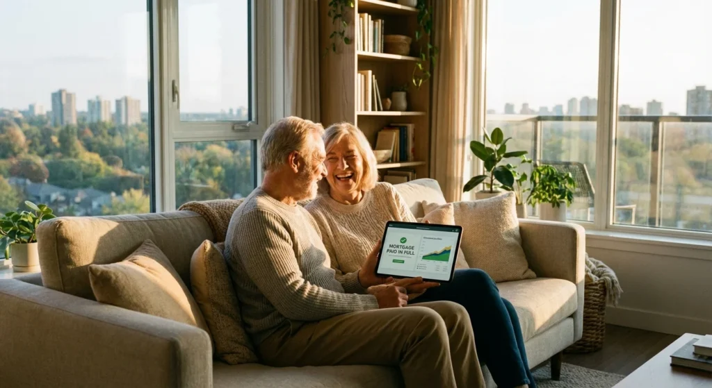 A retired couple smiling in a bright apartment, symbolizing financial peace in retirement.
