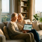 A retired couple smiling in a bright apartment, symbolizing financial peace in retirement.