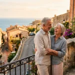 A retired couple smiling on a balcony overlooking a scenic coastal village at sunset.